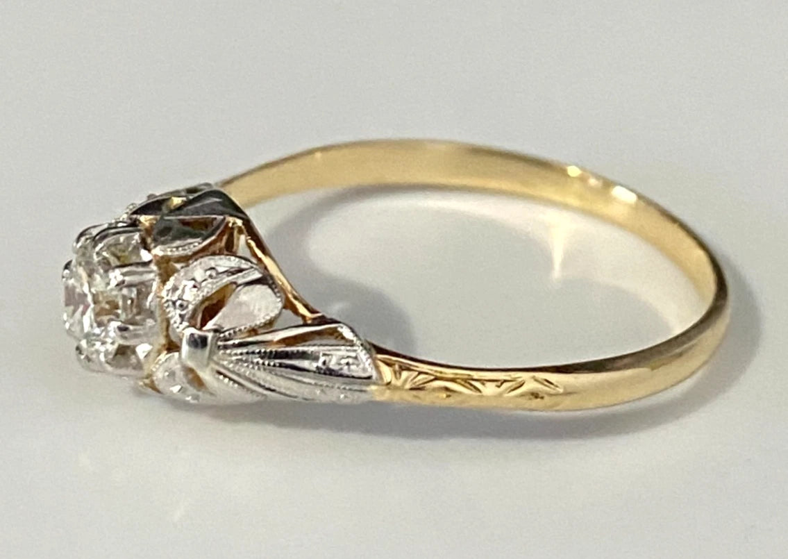 18K Yellow Gold & Platinum 0.25CT Diamond Filigree Ring Size Q 1/2 - 8 5/8