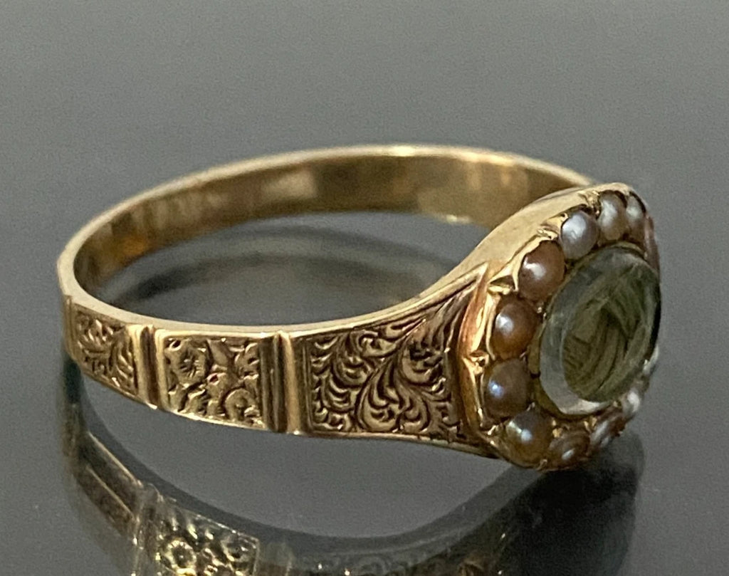 1850's 15K Yellow Gold Seed Pearl Memorial Engraved Ring Size R 1/2 - 9 1/8