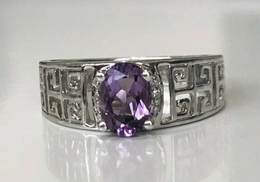 9K White Gold W/ Amethyst & Diamond Greek Key Ring Size L 1/4 - 5 3/4