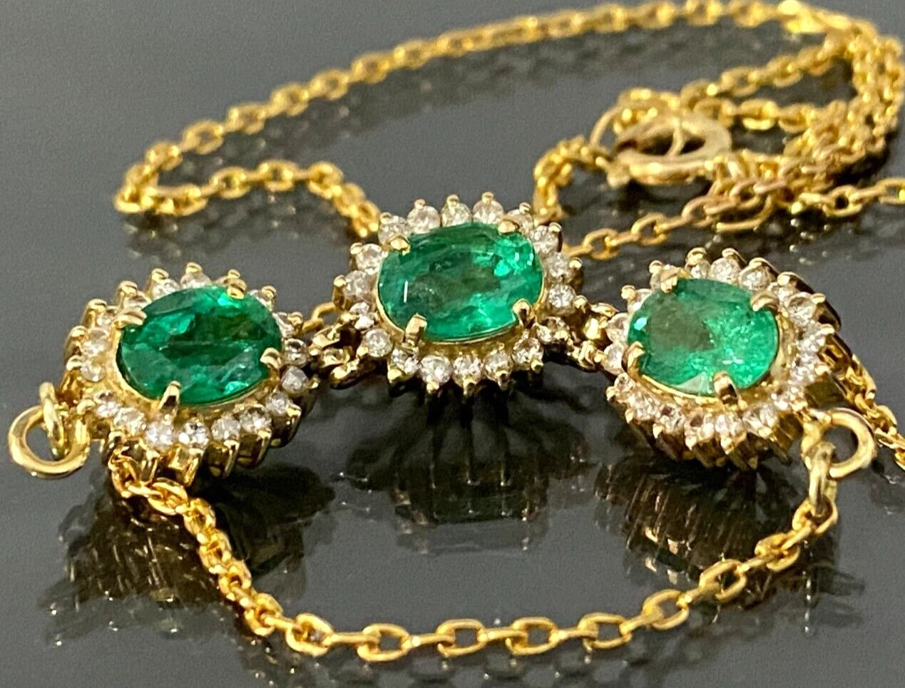 18K Yellow Gold 2.25CT Emerald & Diamond Three Cluster Necklace