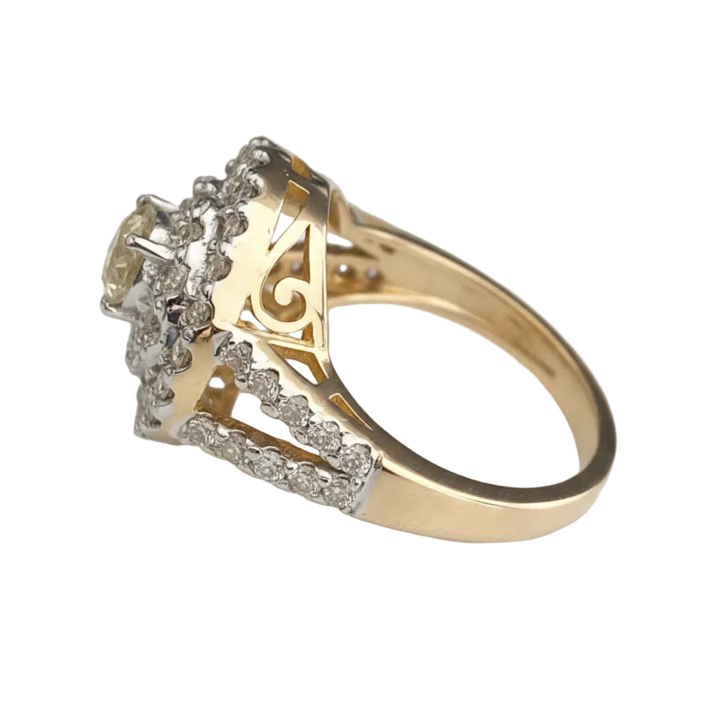 18K Yellow Gold 1.75CT Diamond Double Halo Statement Ring - Size O 1/2 (US 7.5)
