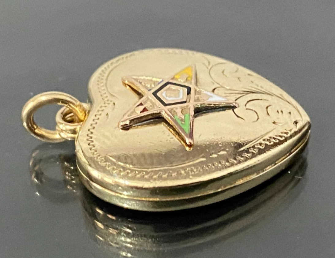 Antique 9K Yellow Gold Eastern Star Heart Locket Pendant