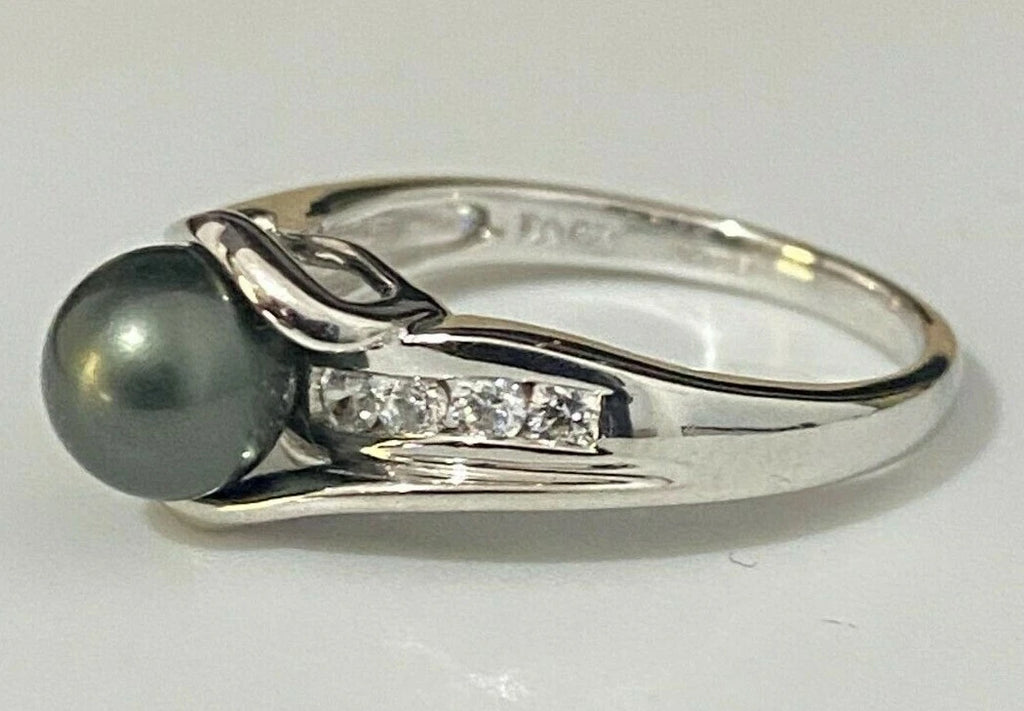14K White Gold W/ Black Pearl & CZ Stones Ring Size O 1/2 - 7 1/4