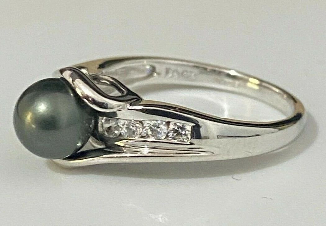 14K White Gold W/ Black Pearl & CZ Stones Ring Size O 1/2 - 7 1/4