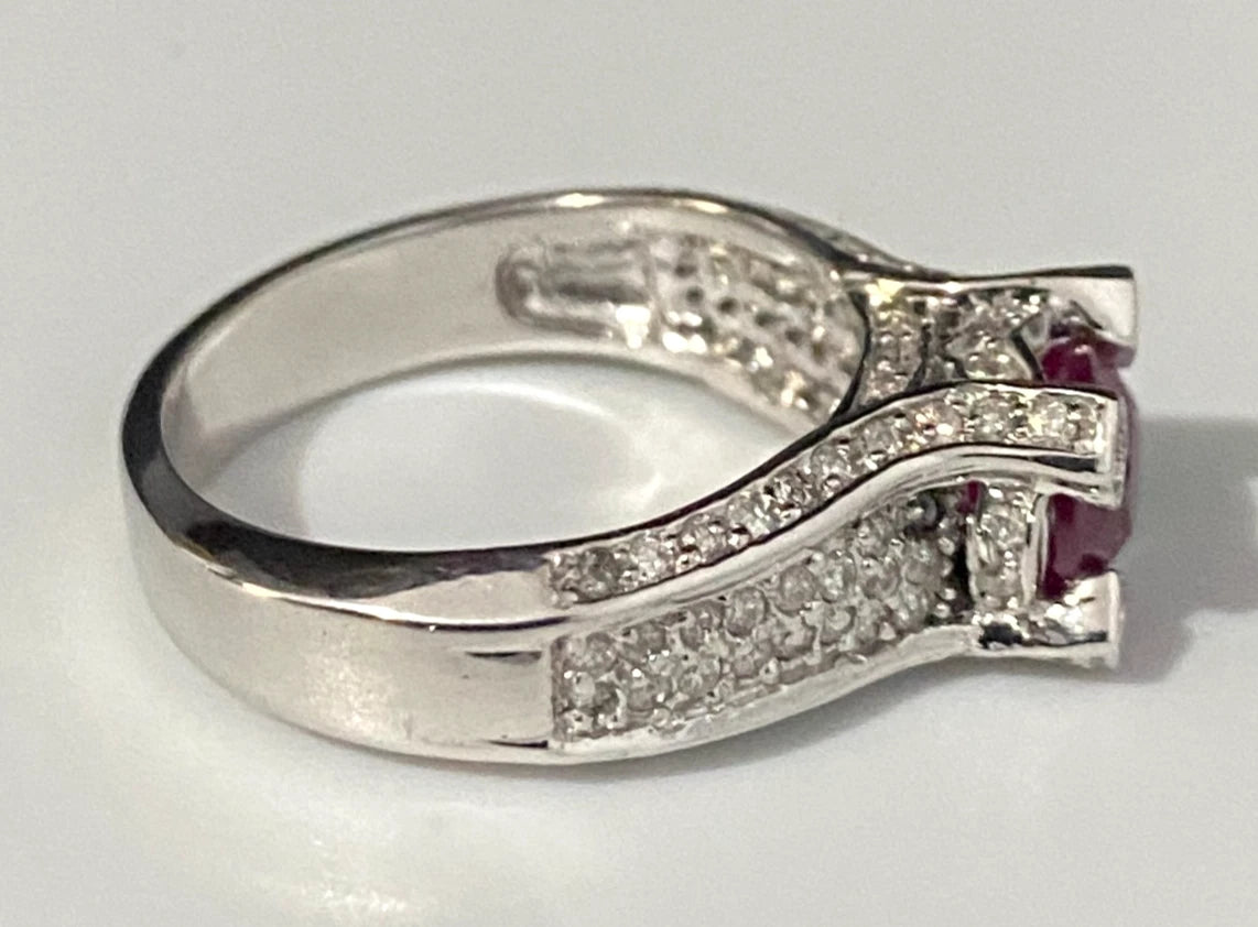 14K White Gold W/ Ruby & 0.70CT Diamond Ring Size P - 7 3/4