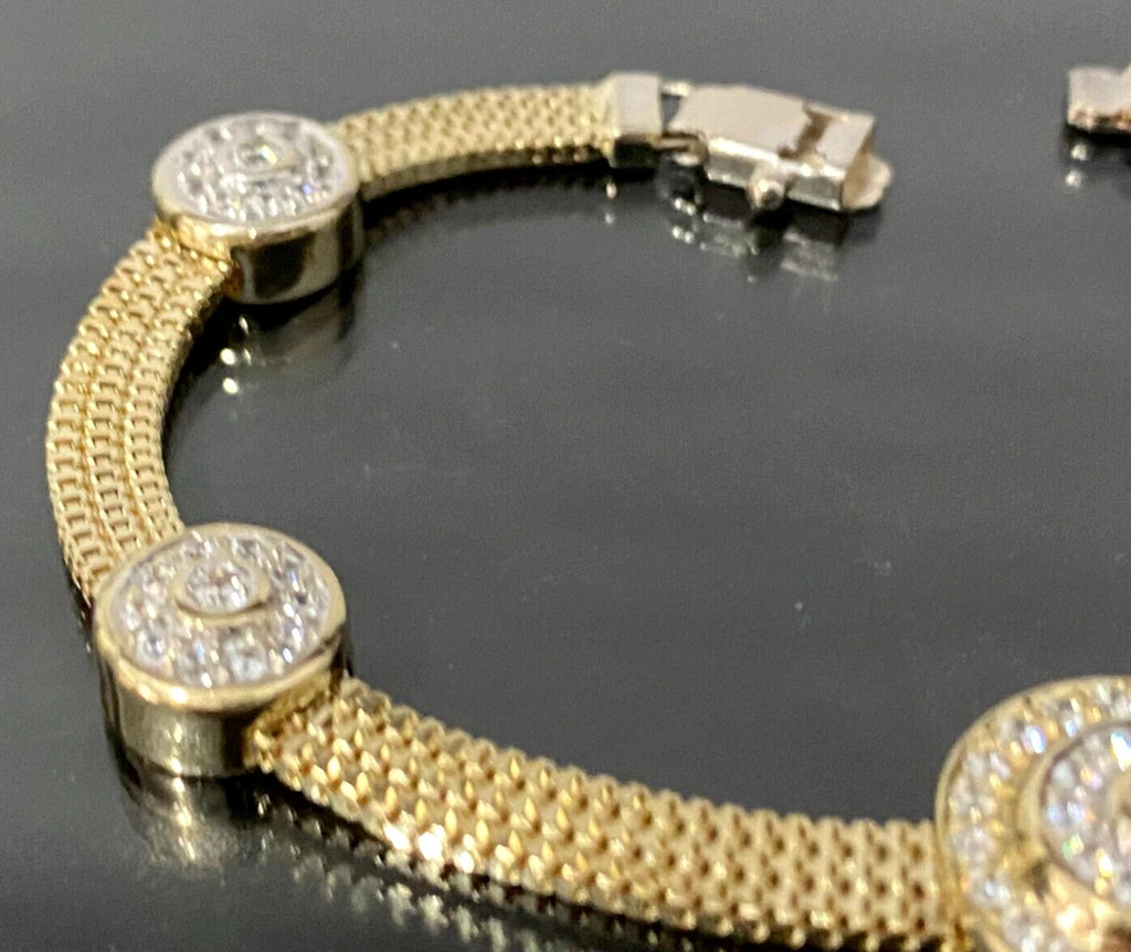 14K Yellow Gold & Cubic Zirconia Mesh Bracelet 18.5cm Long