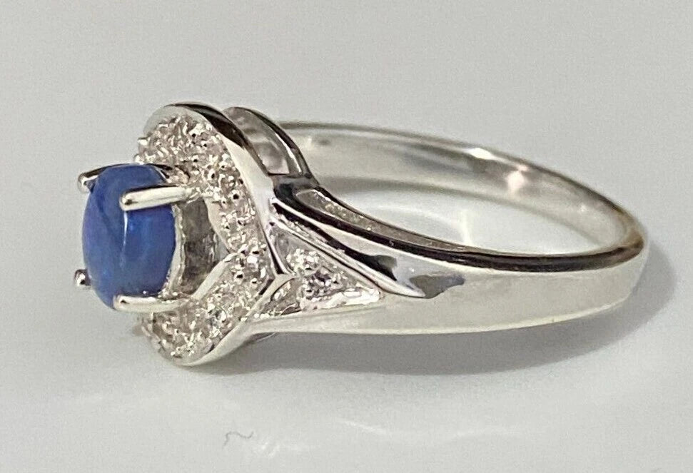 9K White Gold W/ Opal & White Zircon Ring Size N - 6 1/2