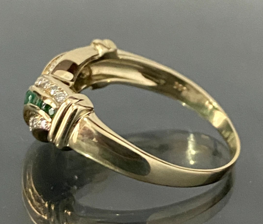 14K Yellow Gold W/ Emerald & Diamond Dress Ring Size Q - 8 1/4