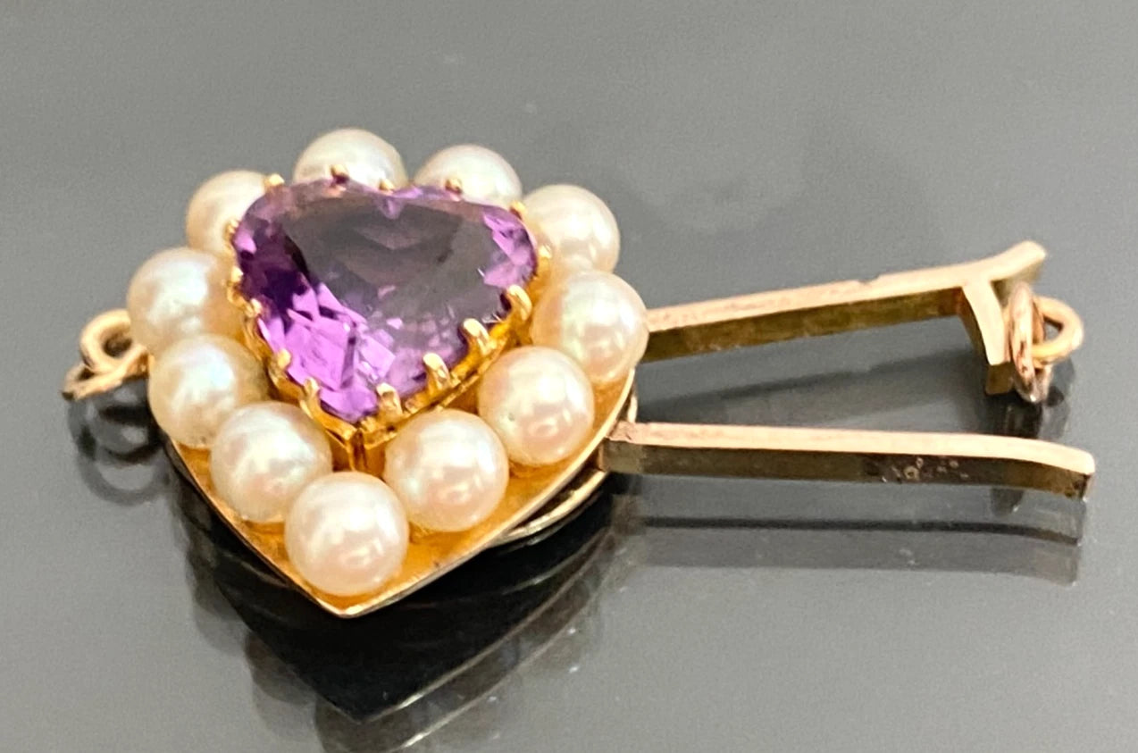9CT Amethyst Pearl Heart shape Fishhook Clasp - Vintage Jewellery