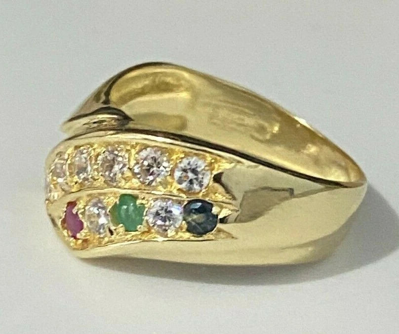 14K Yellow Gold W/ Ruby Sapphire Emerald & CZ Stone Dress Ring Size P - 7 1/2