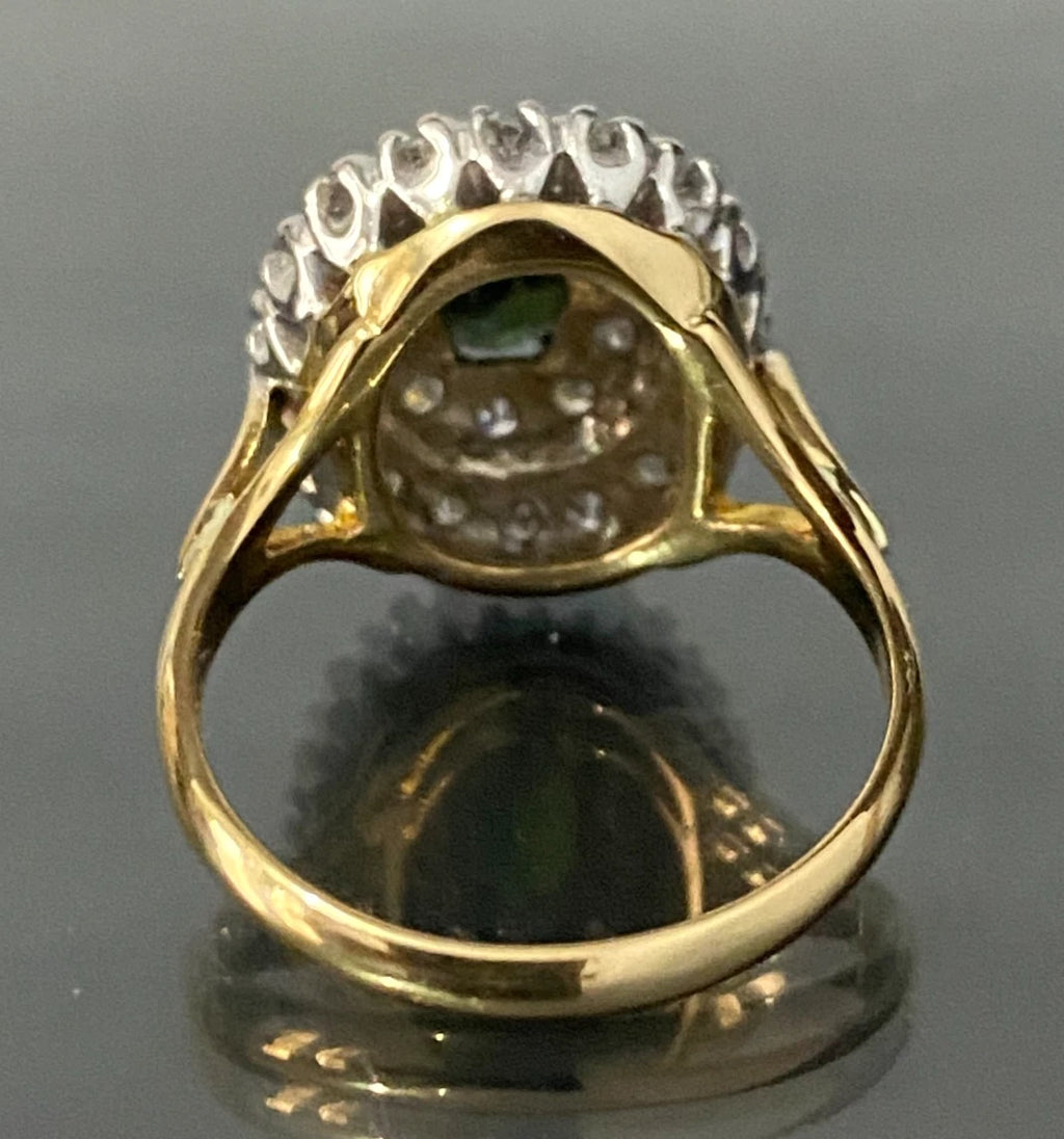 18K Yellow Gold W/ Green Sapphire & Diamond Cluster Ring Size N 1/2 - 7