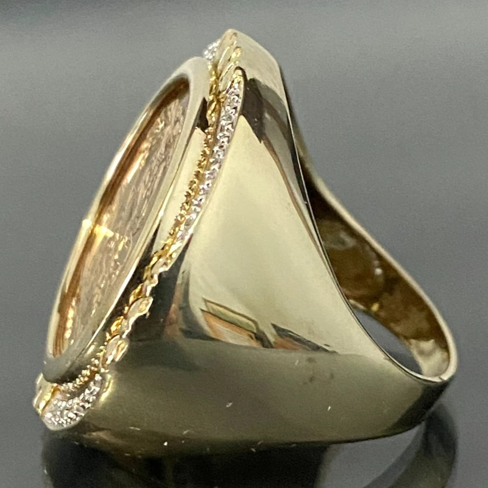22K Gold Full Sovereign Coin W/ Diamond in 9K Gold Ring Size U - 10 1/2