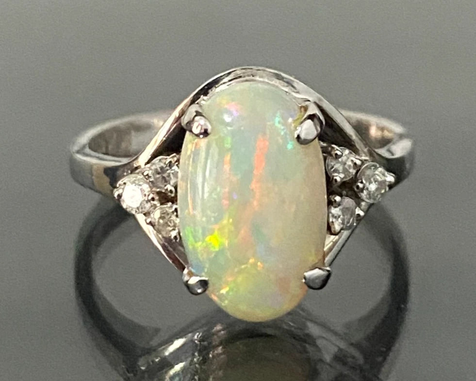 14K White Gold With Opal & Diamond Ring Size N - 6 3/4