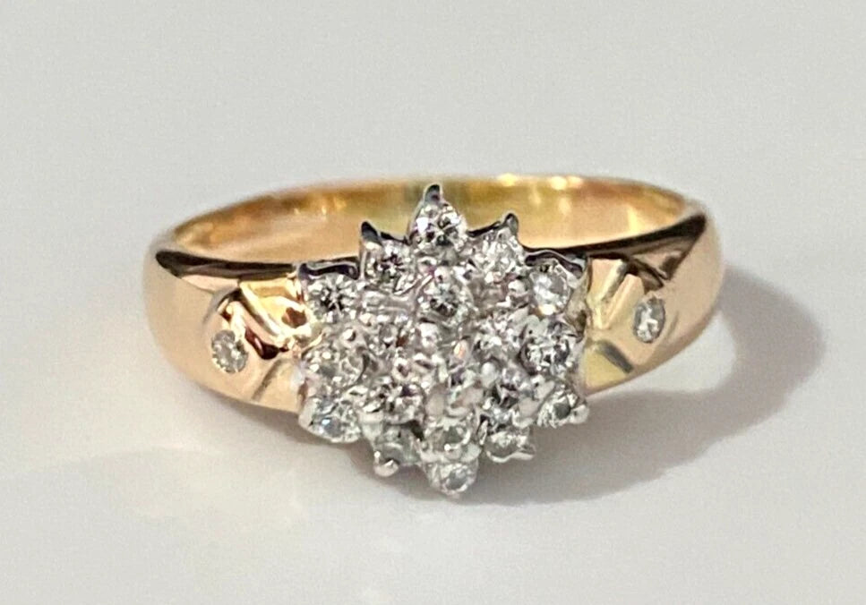 14K Yellow Gold & 0.25CT Diamond Cluster Ring Size L - 5 1/2