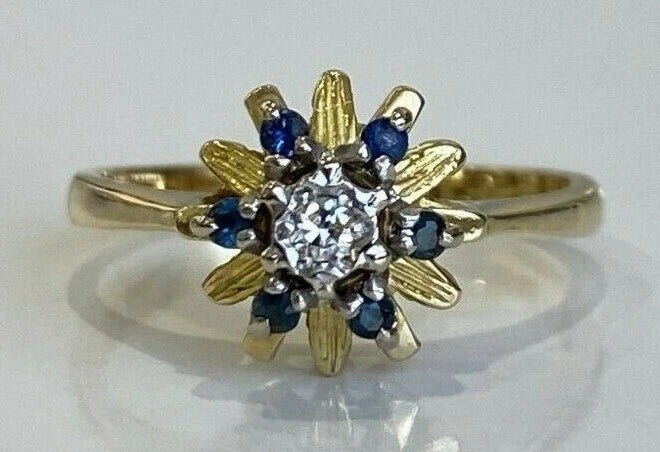 18K Yellow Gold W/ Sapphire & Diamond Flower Ring Size L 1/4 - 5 3/4