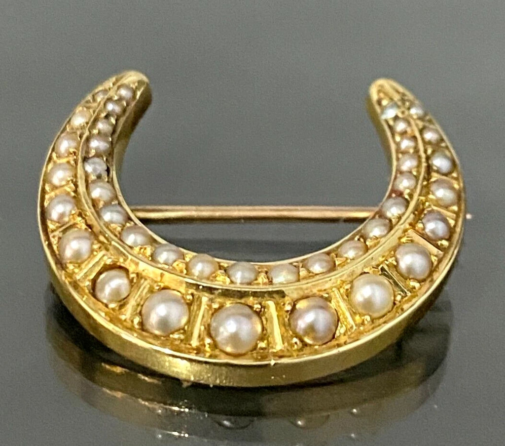 Antique 15K Yellow Gold & Pearl Crescent Brooch