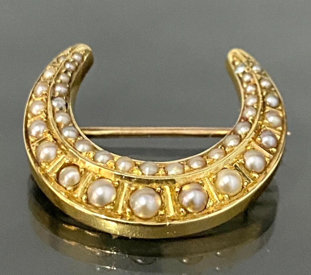Antique 15K Yellow Gold & Pearl Crescent Brooch