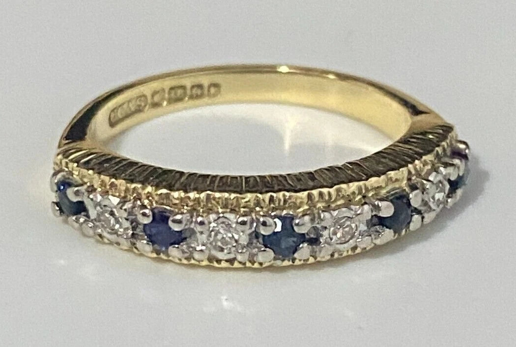 18K Yellow Gold W/ Sapphire & Diamond Eternity Band Ring Size N - 6 1/2