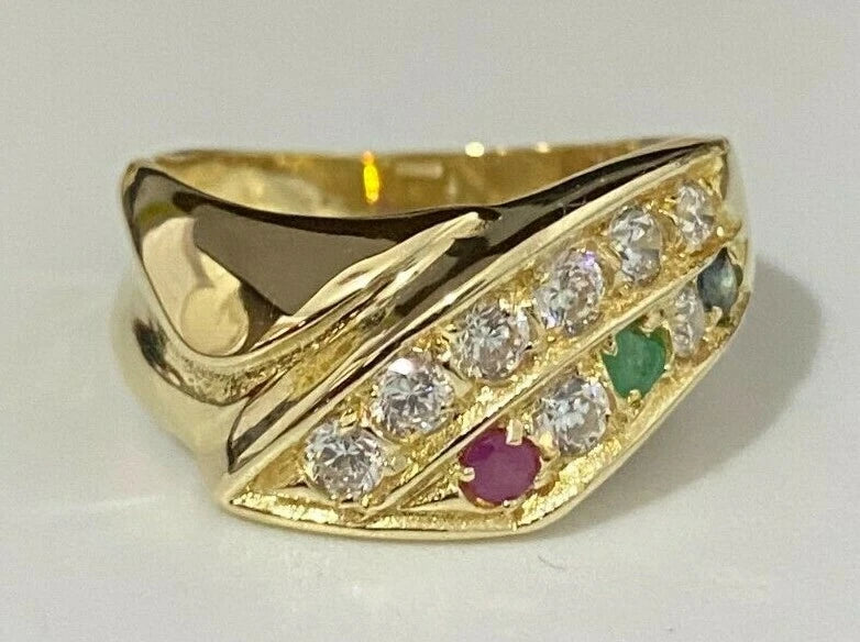 14K Yellow Gold W/ Ruby Sapphire Emerald & CZ Stone Dress Ring Size P - 7 1/2