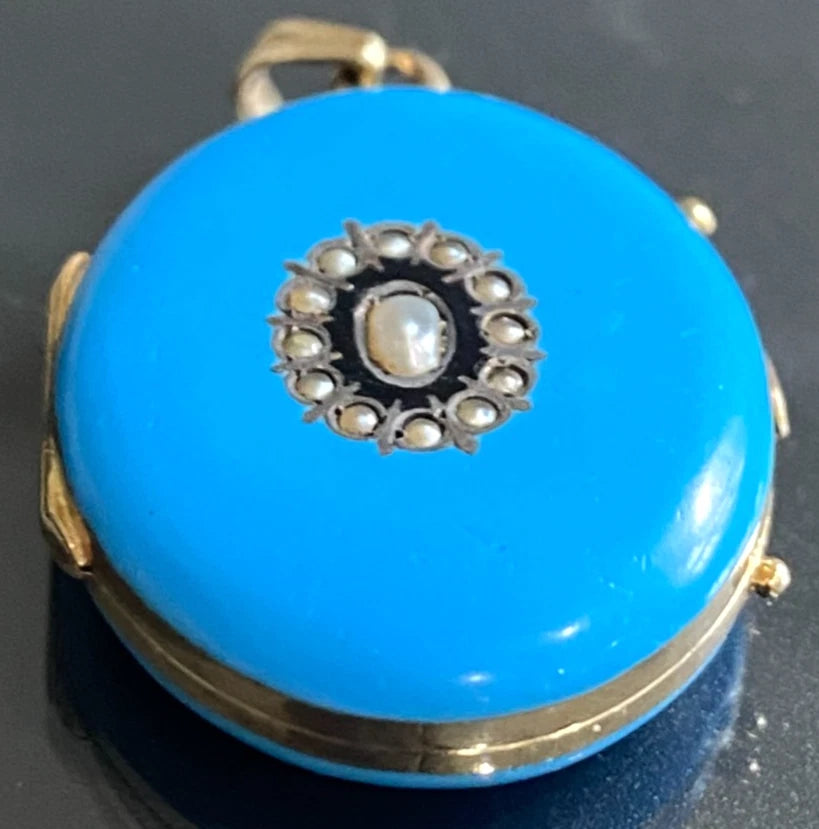 Victorian 9K Yellow Gold Pearl & Blue Enamel Photo Locket Pendant 32mm High