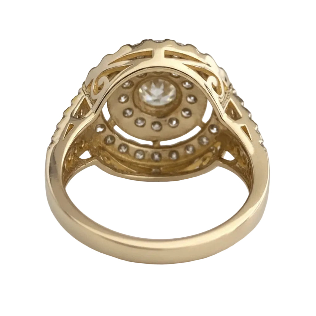 18K Yellow Gold 1.75CT Diamond Double Halo Statement Ring - Size O 1/2 (US 7.5)
