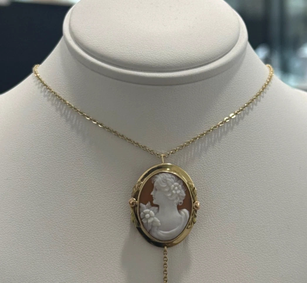 Vintage 9K Yellow Gold Portrait Cameo Brooch / Pendant 28.50mm