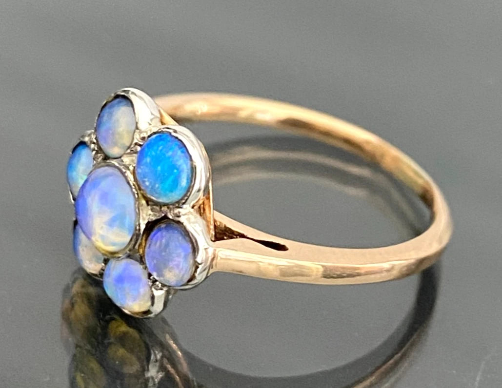 14K Rose Gold & Opal Floral Cluster Ring Size M (US 6.25) - Art Deco Jewellery