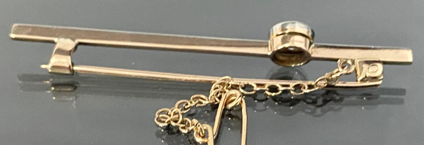 Art Deco 9K Yellow Gold with White Sapphire Bar Brooch 53mm Long