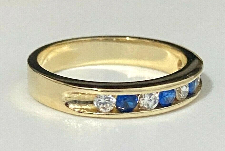 14K Yellow Gold W/ Blue & White CZ Channel Band Ring size M 1/2 - 6 1/4
