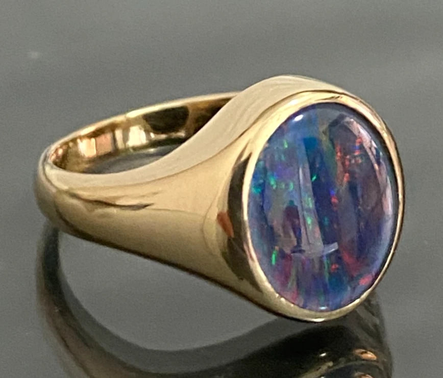 1960's 9K Yellow Gold & Opal Signet Ring Size P (US 7.75) - Vintage Jewellery