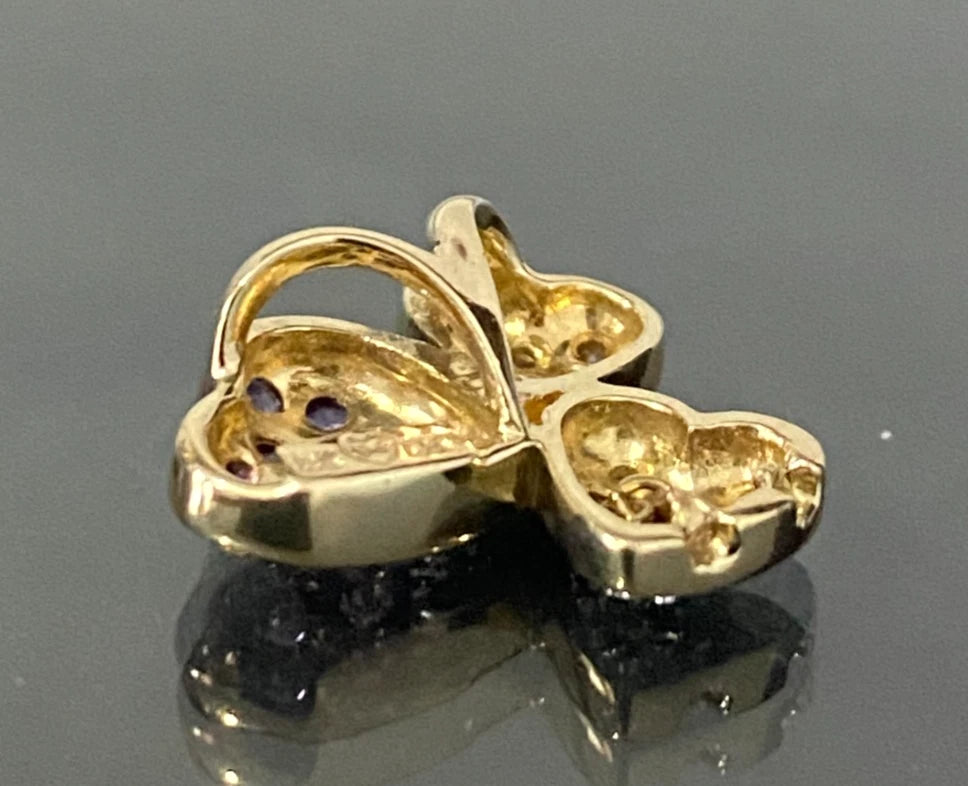 14K Yellow Gold W/ Amethyst & Diamond Triple Heart Pendant