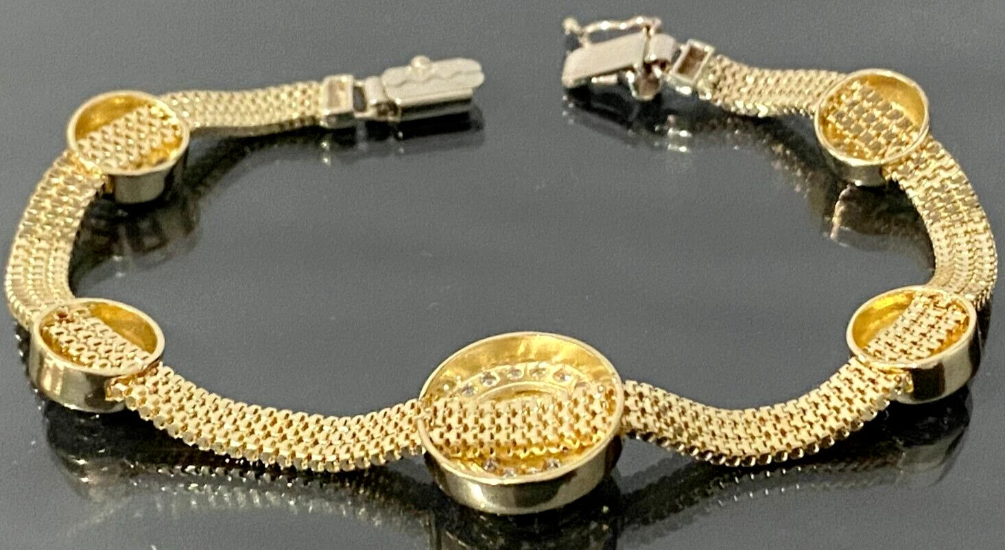 14K Yellow Gold & Cubic Zirconia Mesh Bracelet 18.5cm Long