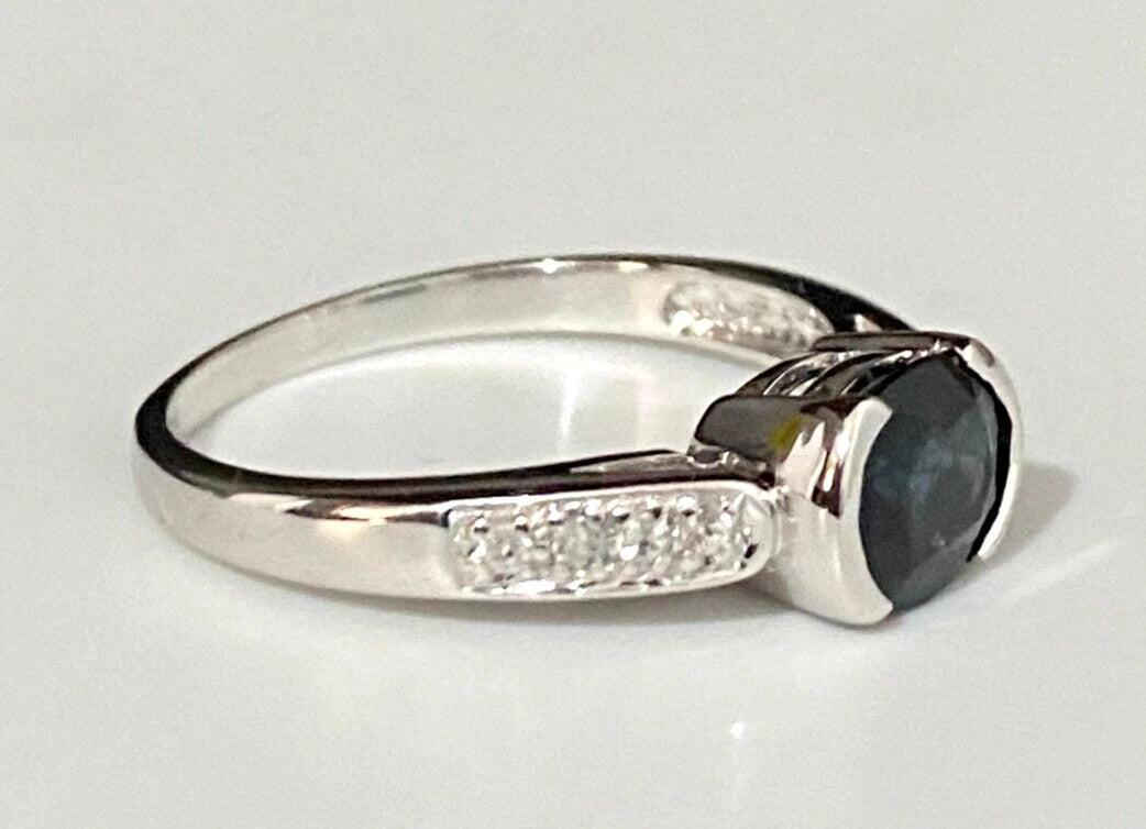 9K White Gold W/ Sapphire & White Zircon Ring Size P 1/2 - 7 3/4