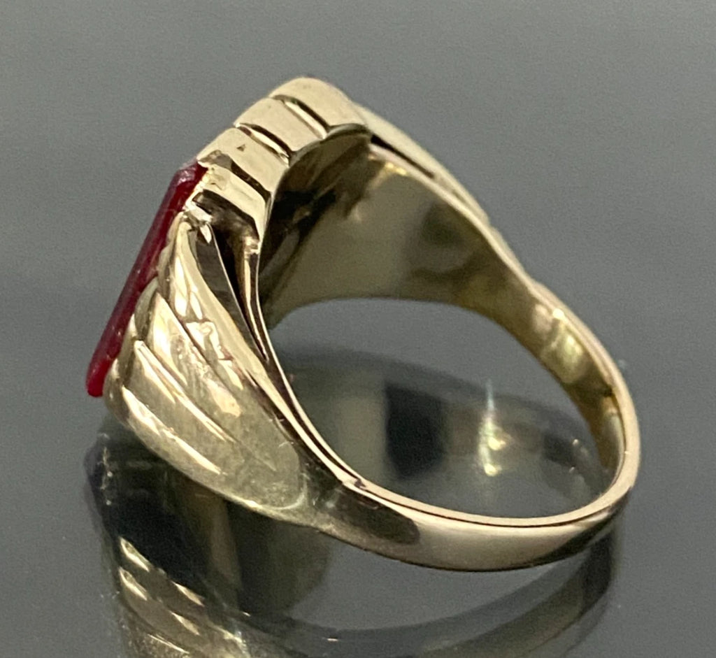 10K Yellow Gold W/ Synthetic Ruby & Stone Men's Signet Ring Size R - 8 7/8