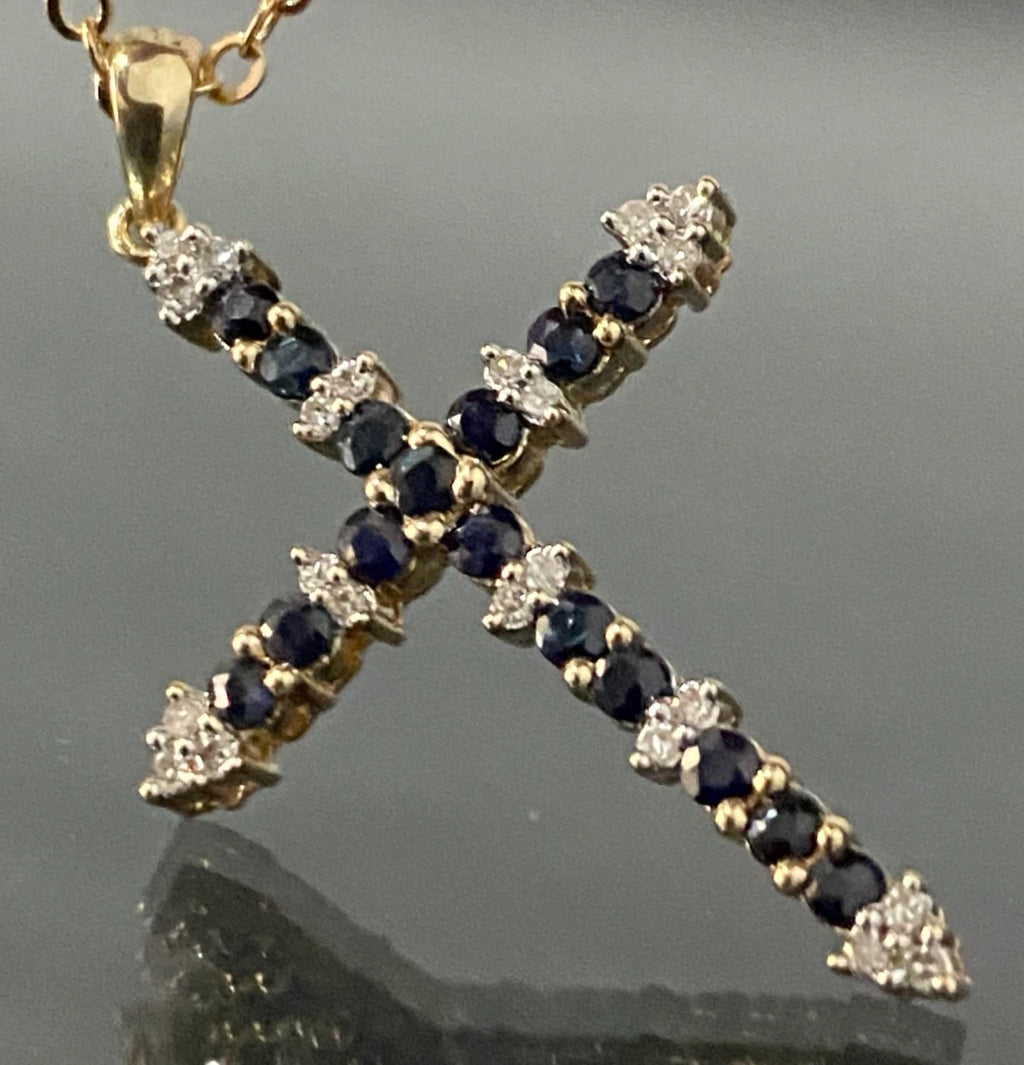 9K Yellow Gold W/ Sapphire & Diamond Cross Pendant 36mm High