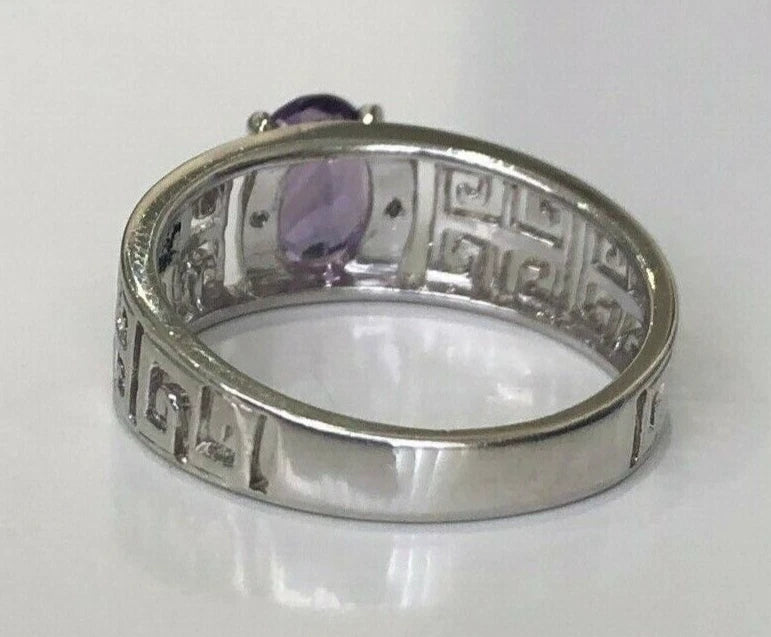 9K White Gold W/ Amethyst & Diamond Greek Key Ring Size L 1/4 - 5 3/4