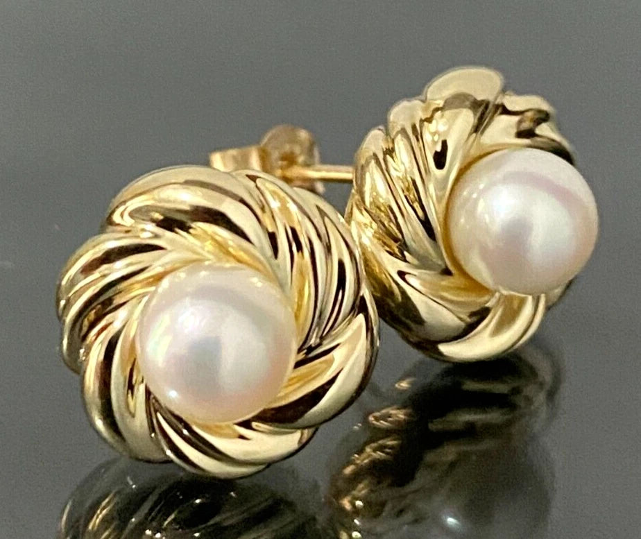 9K Yellow Gold & White Pearl Stud Earrings 12.85mm