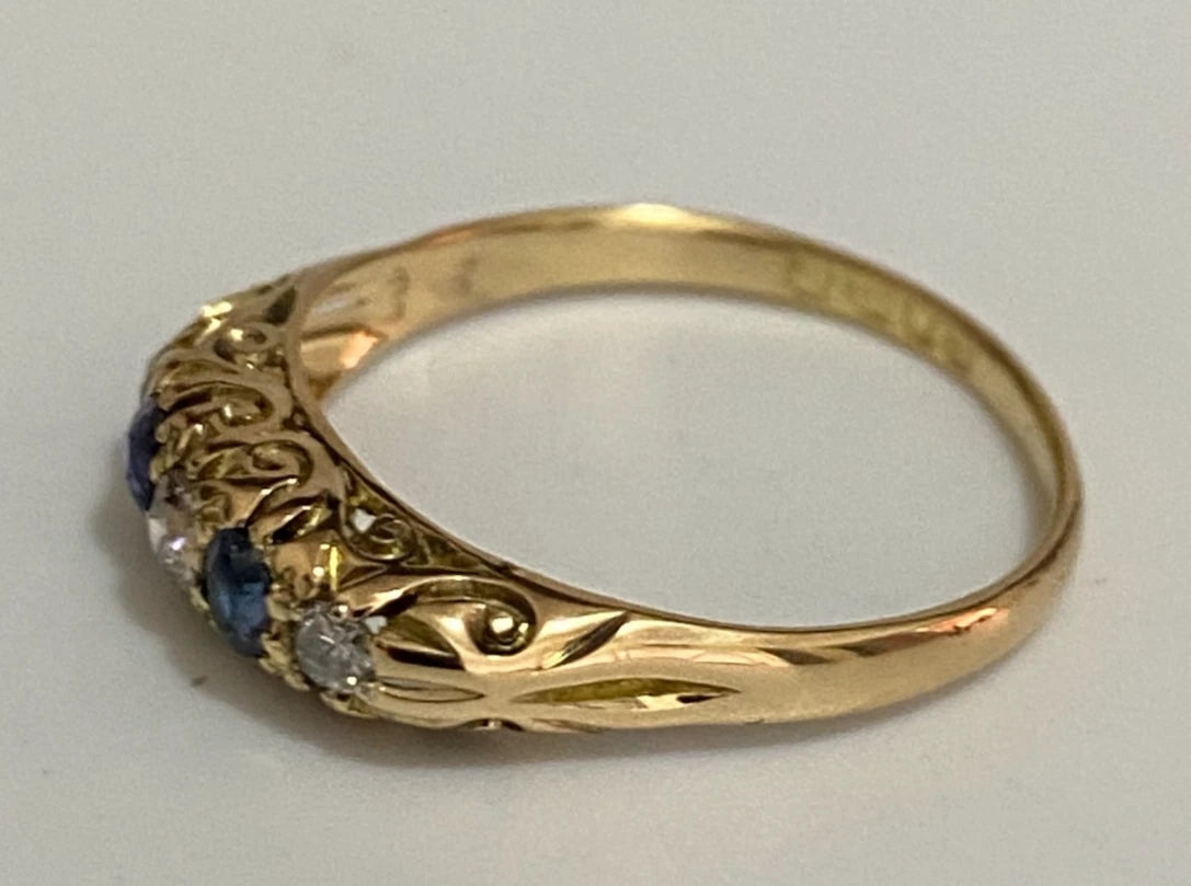 Antique 18K Yellow Gold W/ Sapphire & Diamond Ring C1915 Size Q 1/2 (US 8.5)
