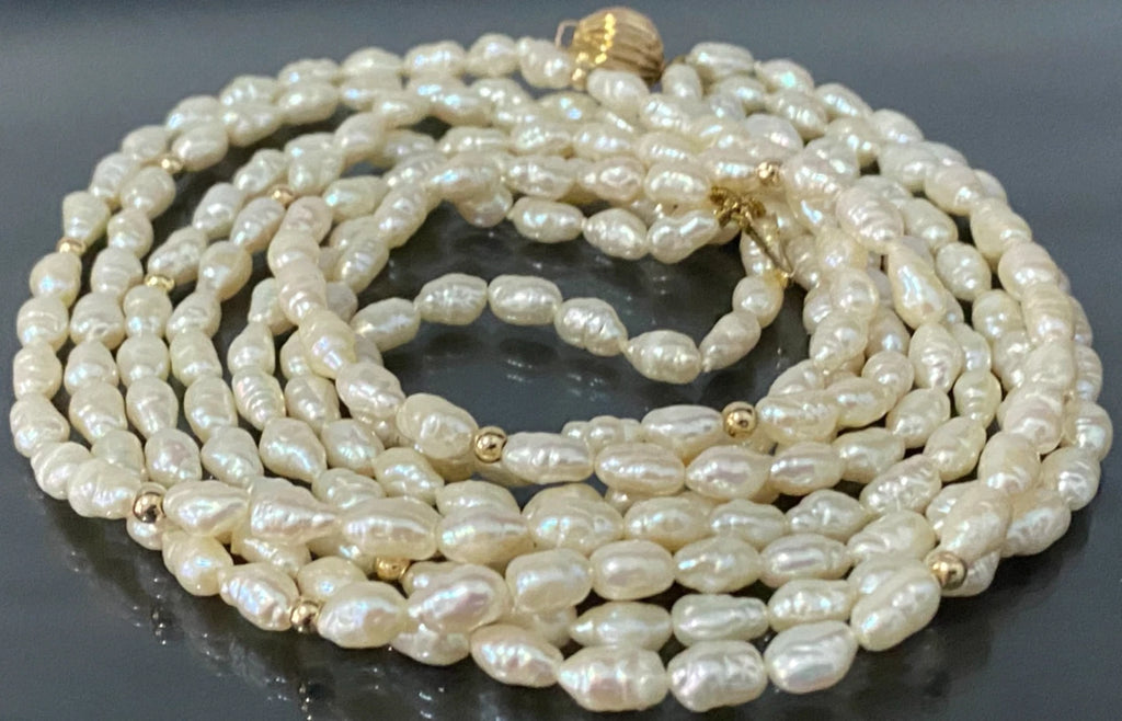 White Cultured Pearl Multi-Strand Necklace W/ 14K Yellow Gold Clasp 44cm Long