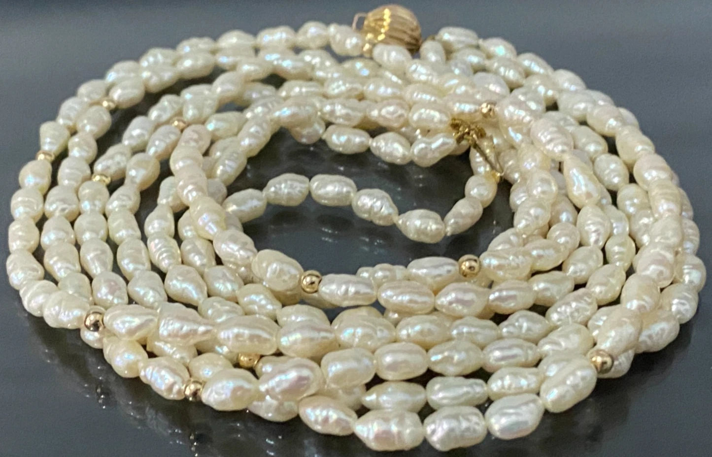 White Cultured Pearl Multi-Strand Necklace W/ 14K Yellow Gold Clasp 44cm Long