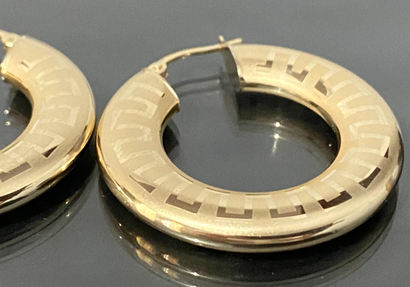 Italian 9K Yellow Gold Greek Key Pattern Hoop Earrings 33.50MM