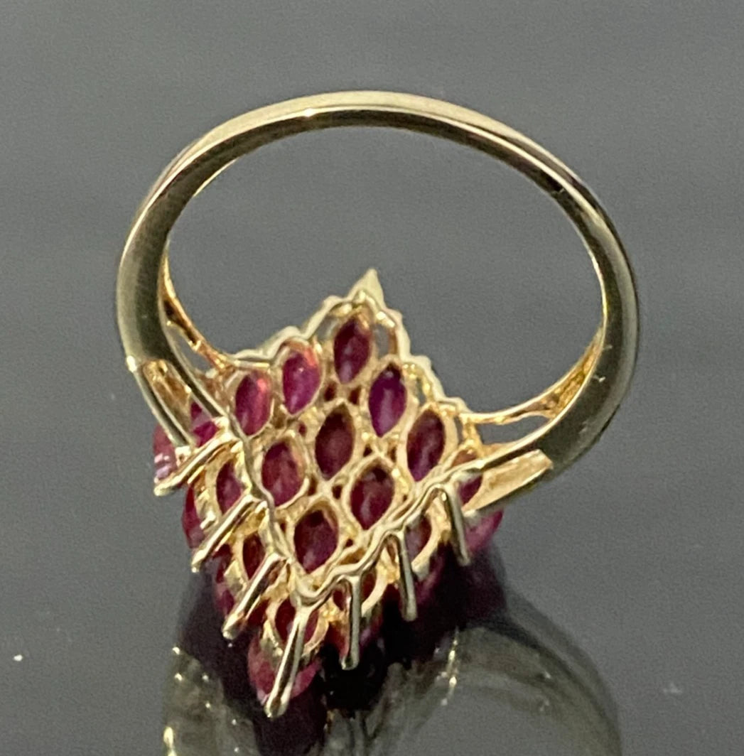 9K Yellow Gold & 2.20CT Marquise Ruby Cluster Ring Size R - 8 3/4