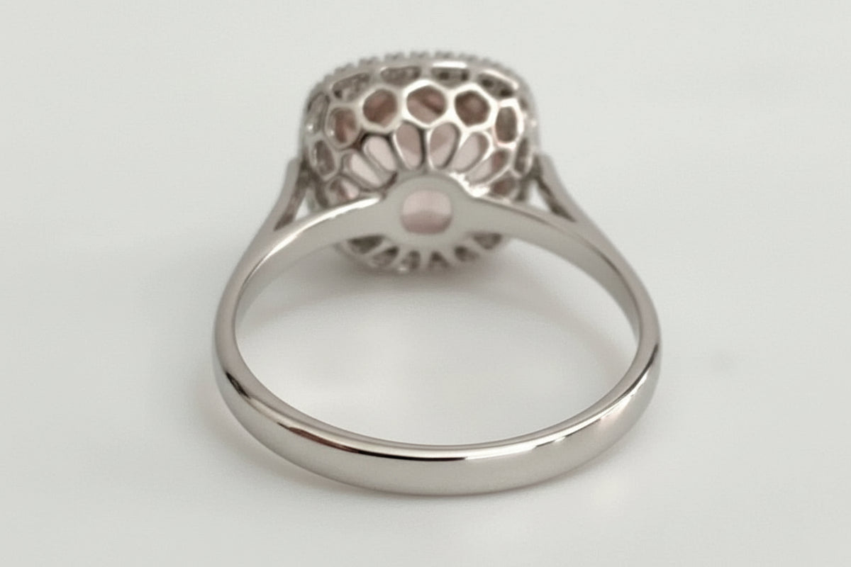 18ct White Gold Morganite & Diamond Halo Ring – Cushion Cut - Size M (US 6.25)