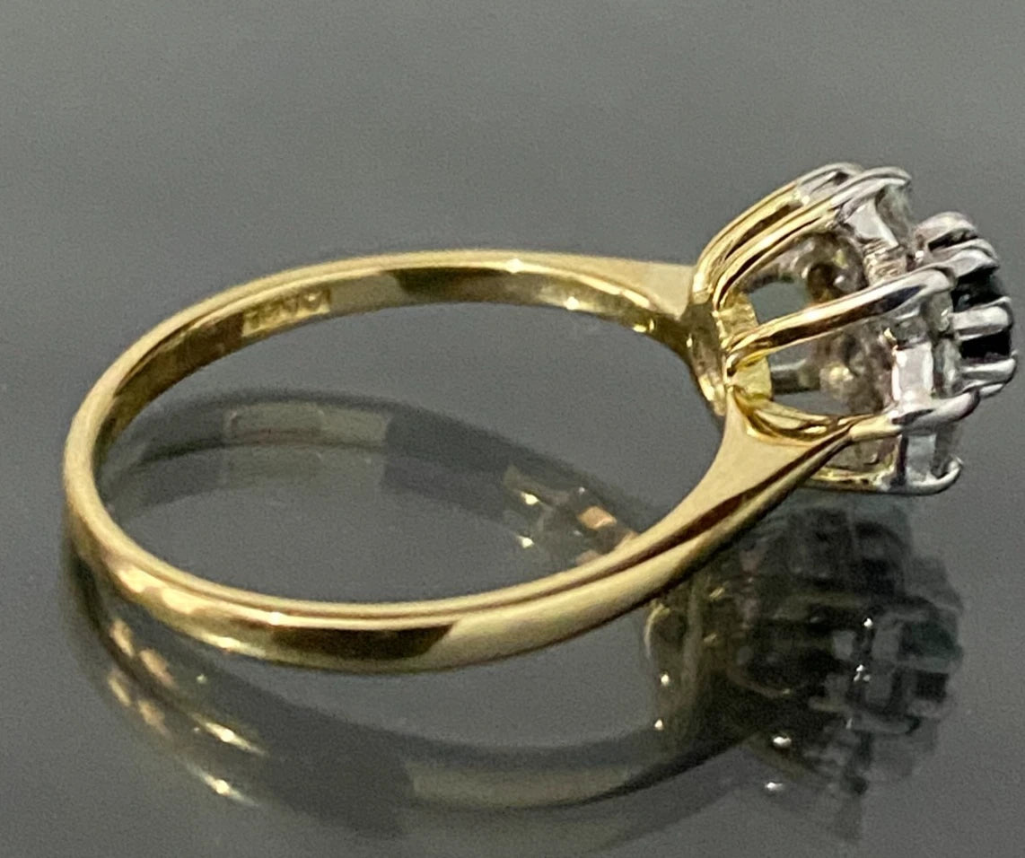 18K Yellow Gold W/ Sapphire & 0.25CT Diamond Cluster Ring Size M - 6 1/4
