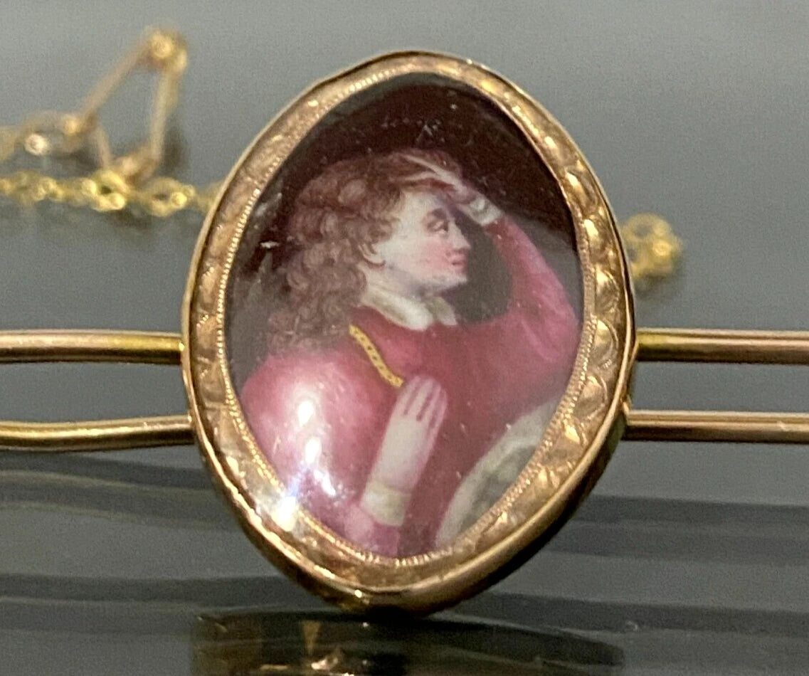 Art Nouveau 9K Yellow Gold Painted Miniature Brooch