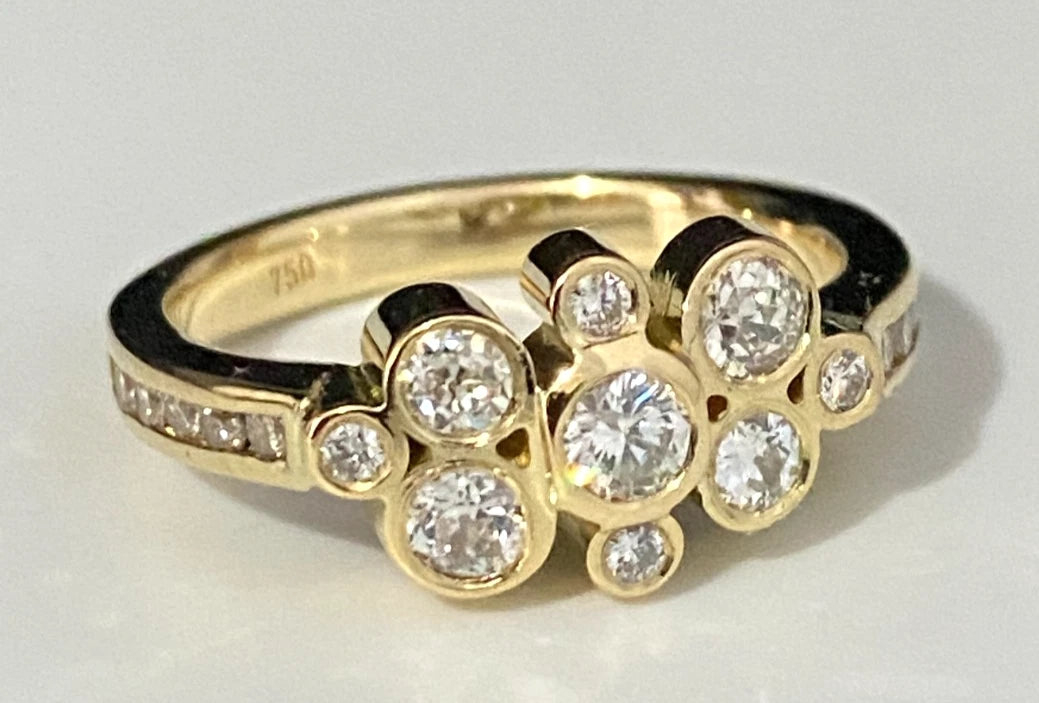 18K Yellow Gold & 0.90CT Diamond Bubble Ring Size N 1/2 - 7
