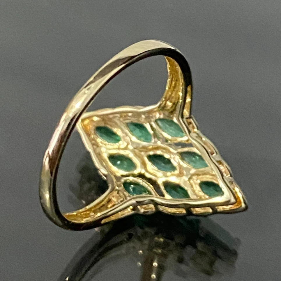 9K Yellow Gold & 1.10CT Marquise Emerald Cluster Ring Size Q - 8 1/4