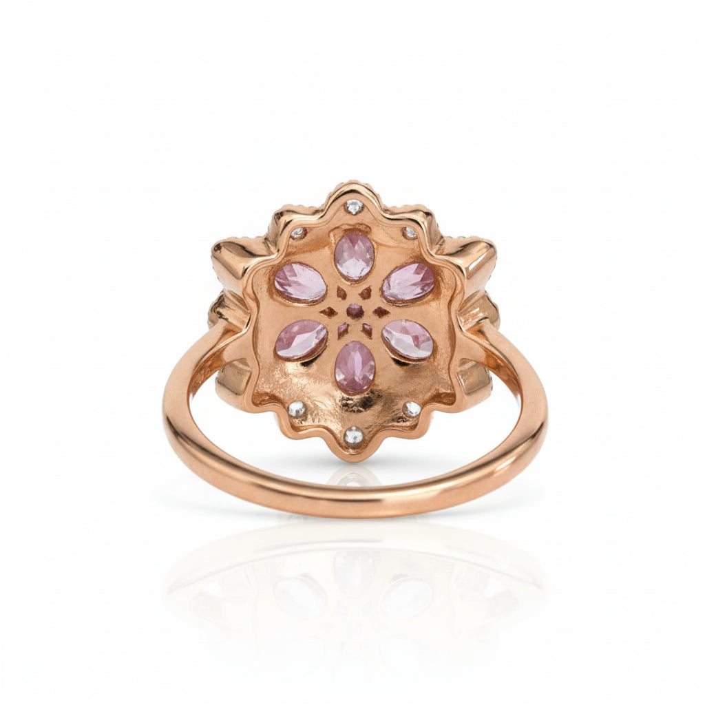 9ct Rose Gold Spinel & Natural White Zircon Floral Cluster Ring Size L (US 5.75)