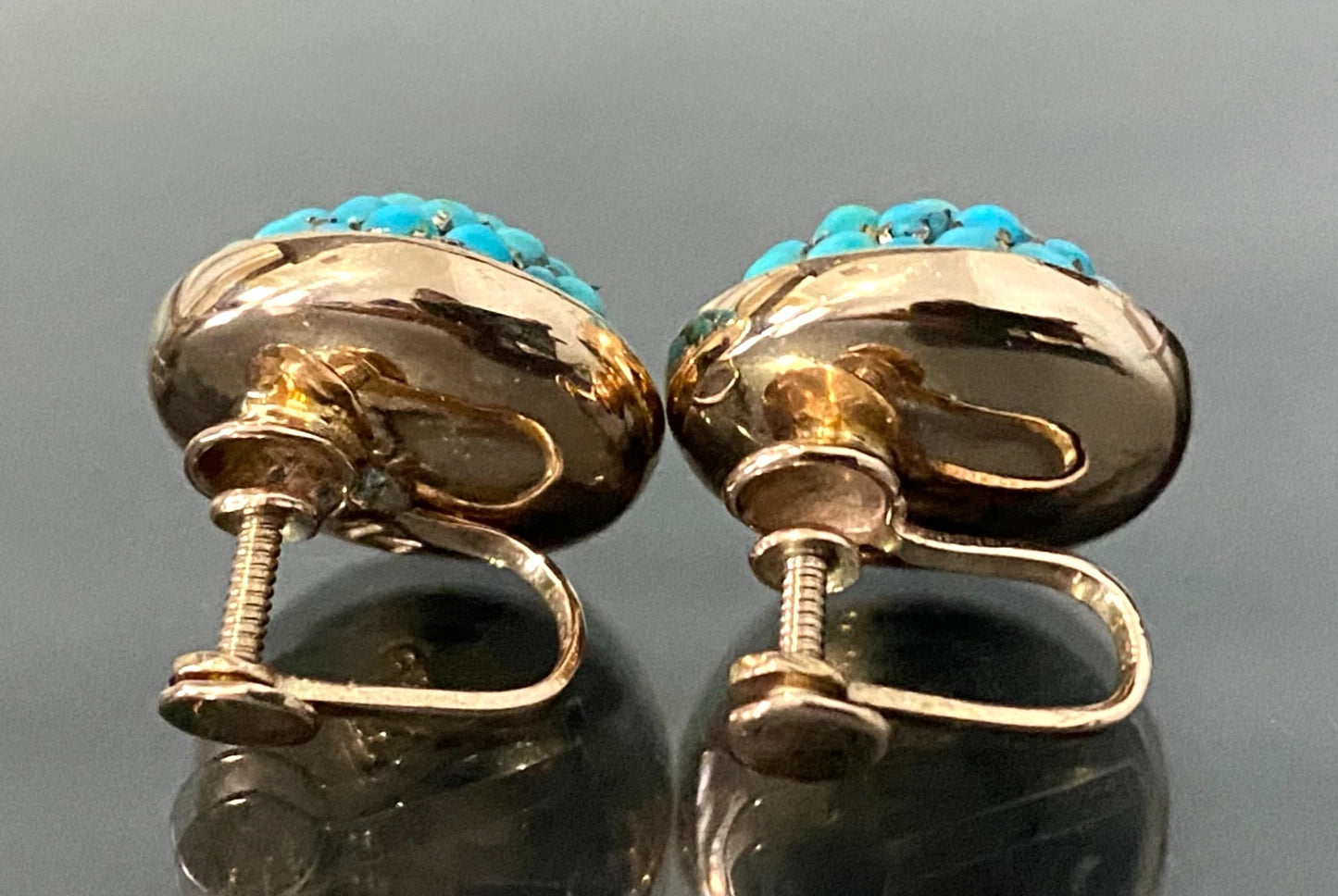 Art Nouveau 14K Yellow Gold & Turquoise Screw Back pavé Dome Earrings 16.0mm