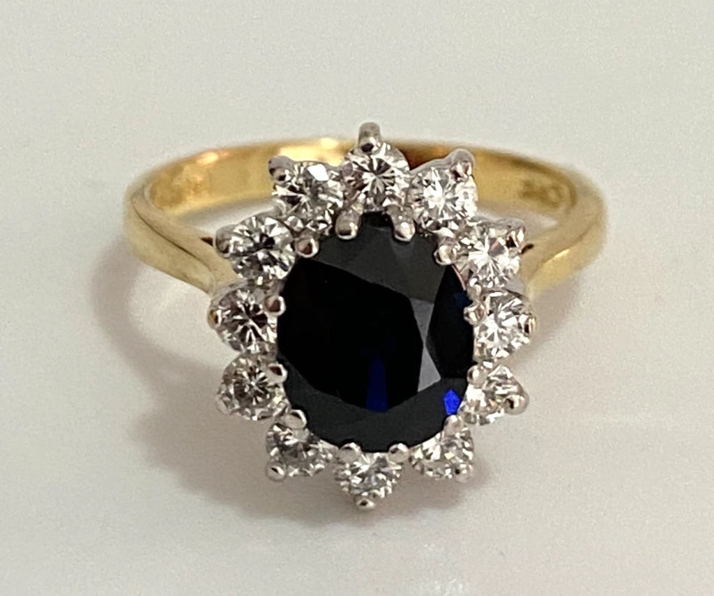 18K Yellow Gold Sapphire & Diamond Cluster Ring - Size J (US 4.75)